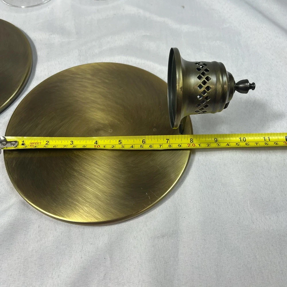 Vintage Brass Wall Sconces Pair Etched Glass Hurricane Shades Round Backplates